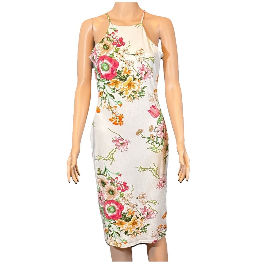Hello Miss White Ivory Floral Halter Neck Midi Slip Dress High Neckline Womens L